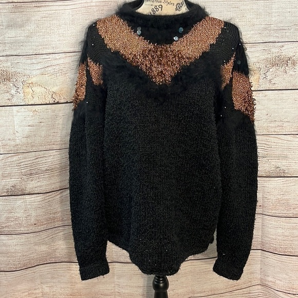 Vintage Sweater Retro 1980’s Faux Fur Metallic Sequins Ferran-Miesse - Picture 1 of 8